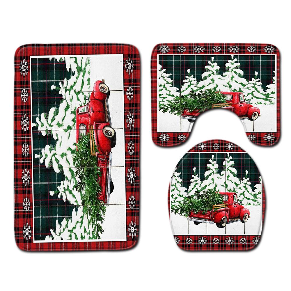 Christmas Shower Curtain Floor Mat Combination Four-Piece Set Bathroom Toilet Carpet Shower Room Mat Foot Mat