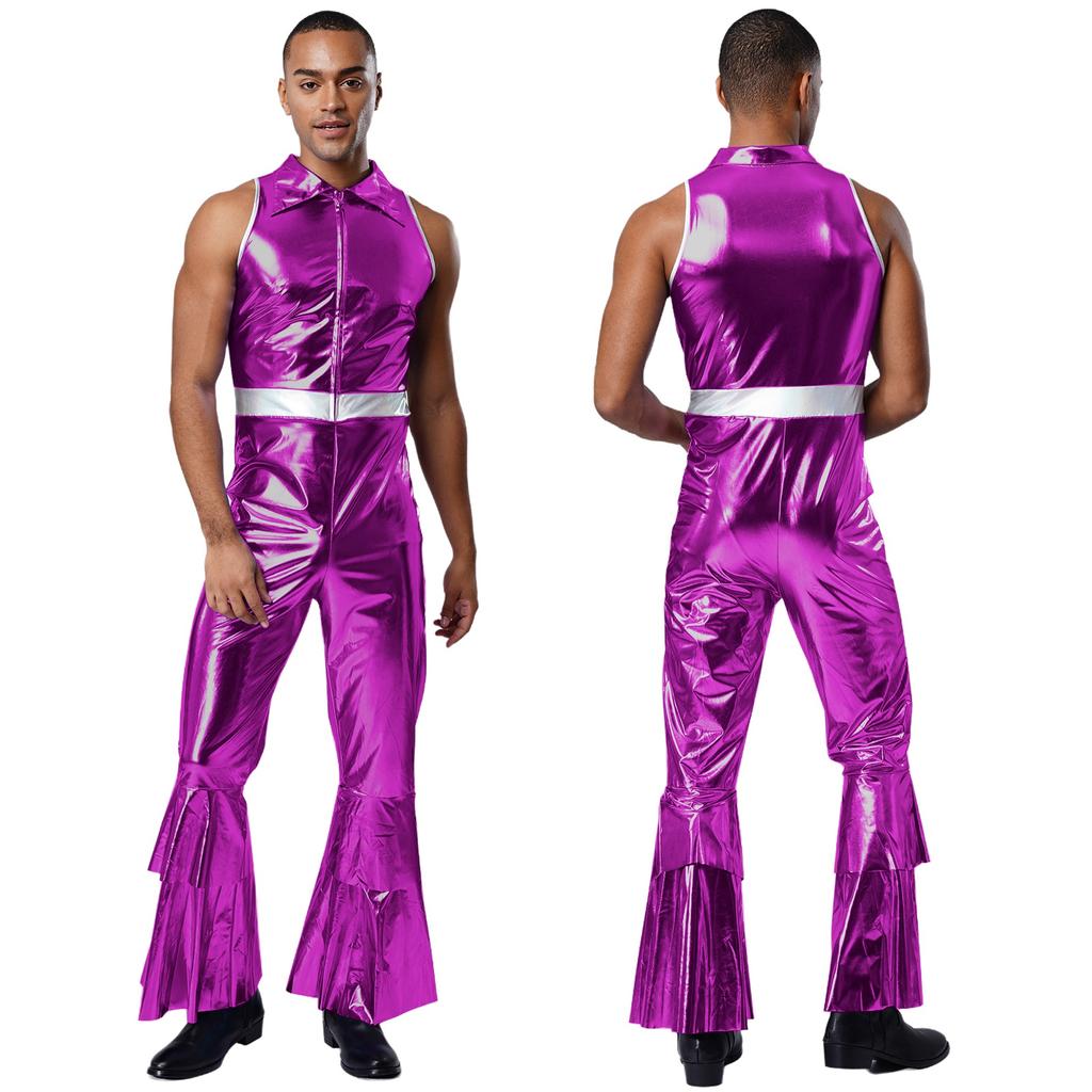 Mens 70s Jumpsuit Shiny Metallic Lapel Collar Sleeveless High Waist Flared Pants Disco Dance Singer Outfit