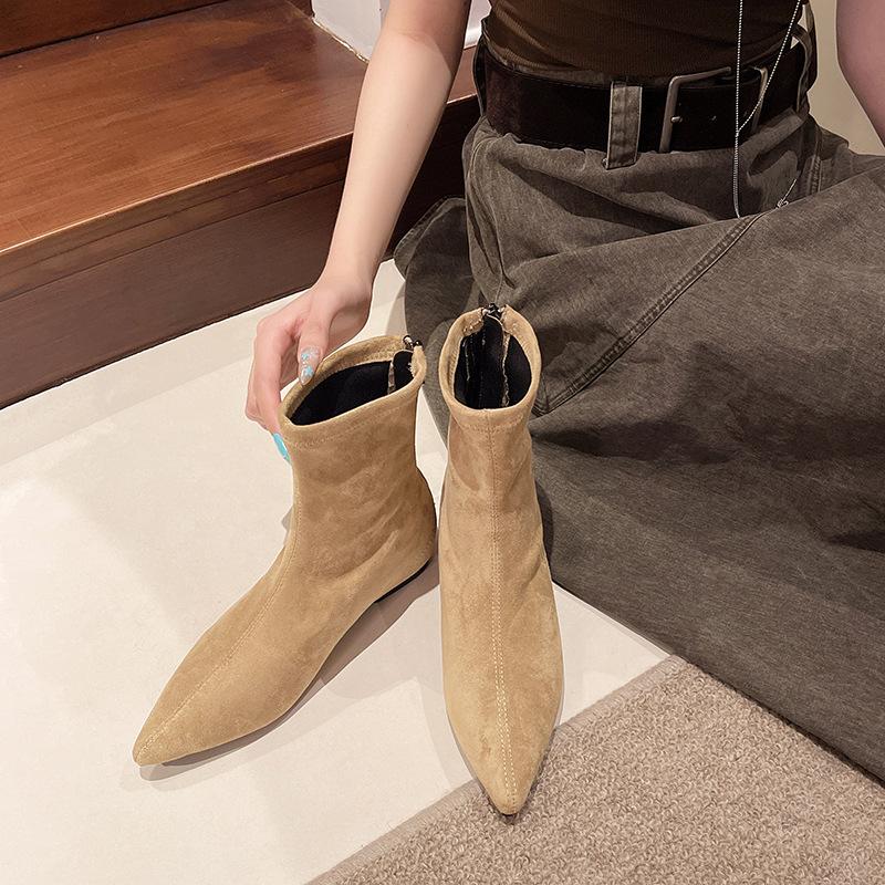 2025 New Inner Heightening Retro Suede Low Heel Short Tube Thin Boots Women Pointed Short Boots Women Martin Boots Internet Celebrities