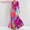 Elegant V Neck Print Pleated Long Dress For Women With Polyester Fabric And Office Style