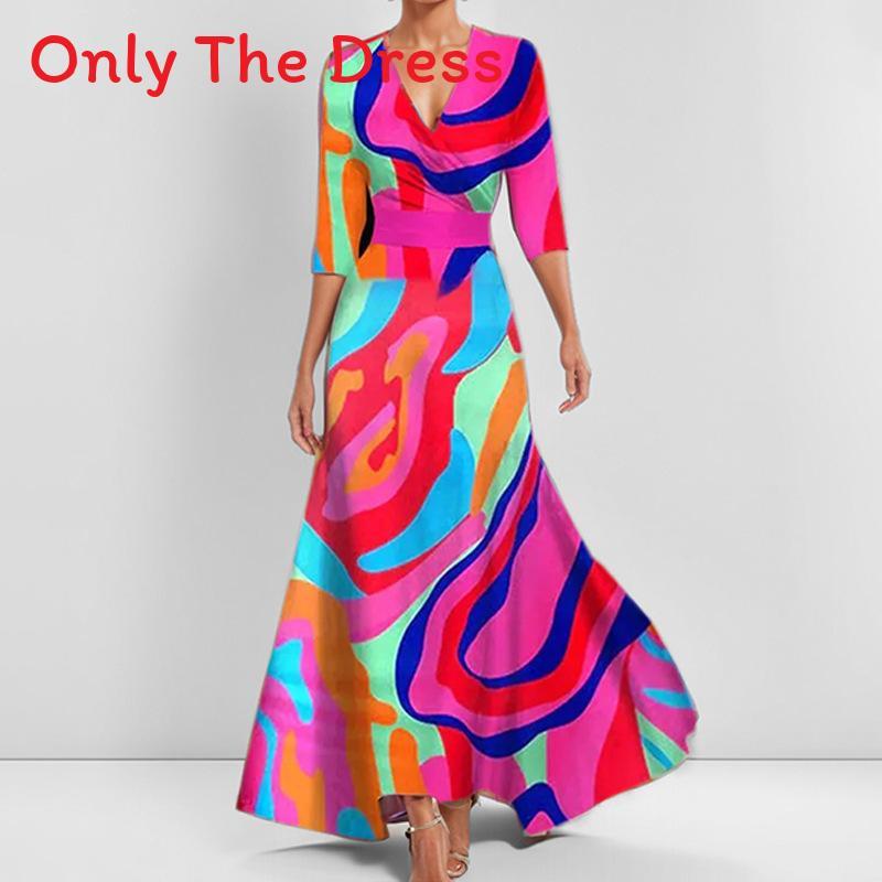 Elegant V Neck Print Pleated Long Dress For Women With Polyester Fabric And Office Style