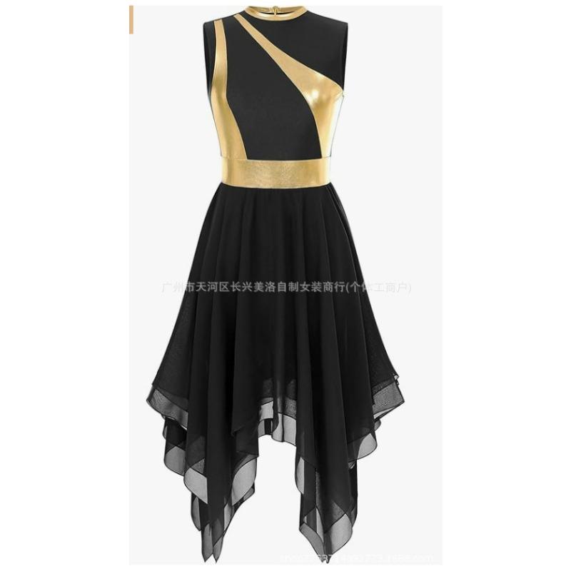 

Church women s color block splicing dress sleeveless zipper back irregular hem modern lyrical dance costume now S чёрный