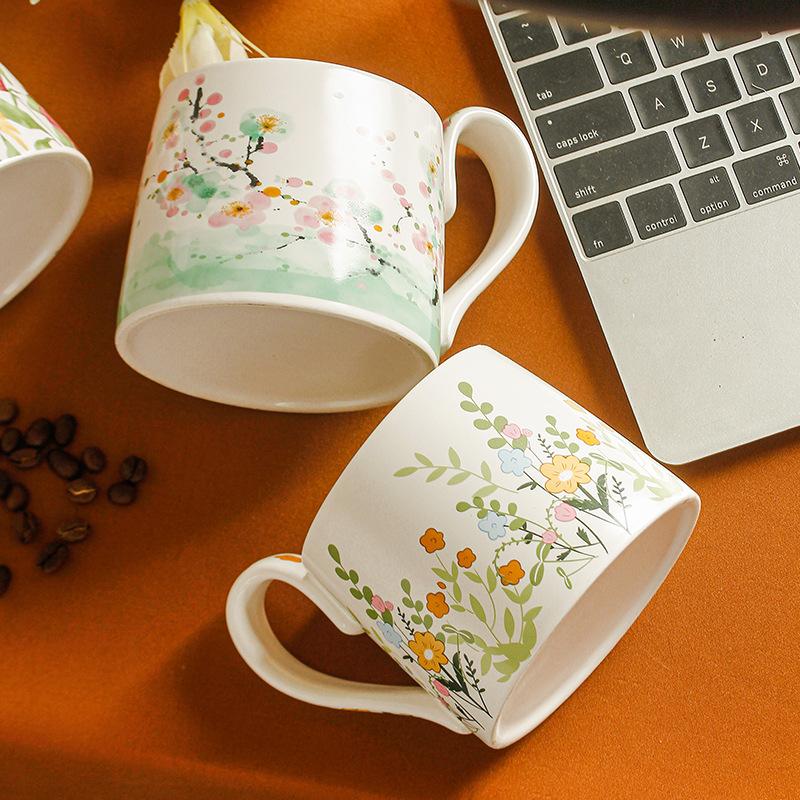 Hand Painted Flowers Large Capacity Mug Ceramic Cup Coffee Cup Water Cup Breakfast Cup Original Design White Porcelain