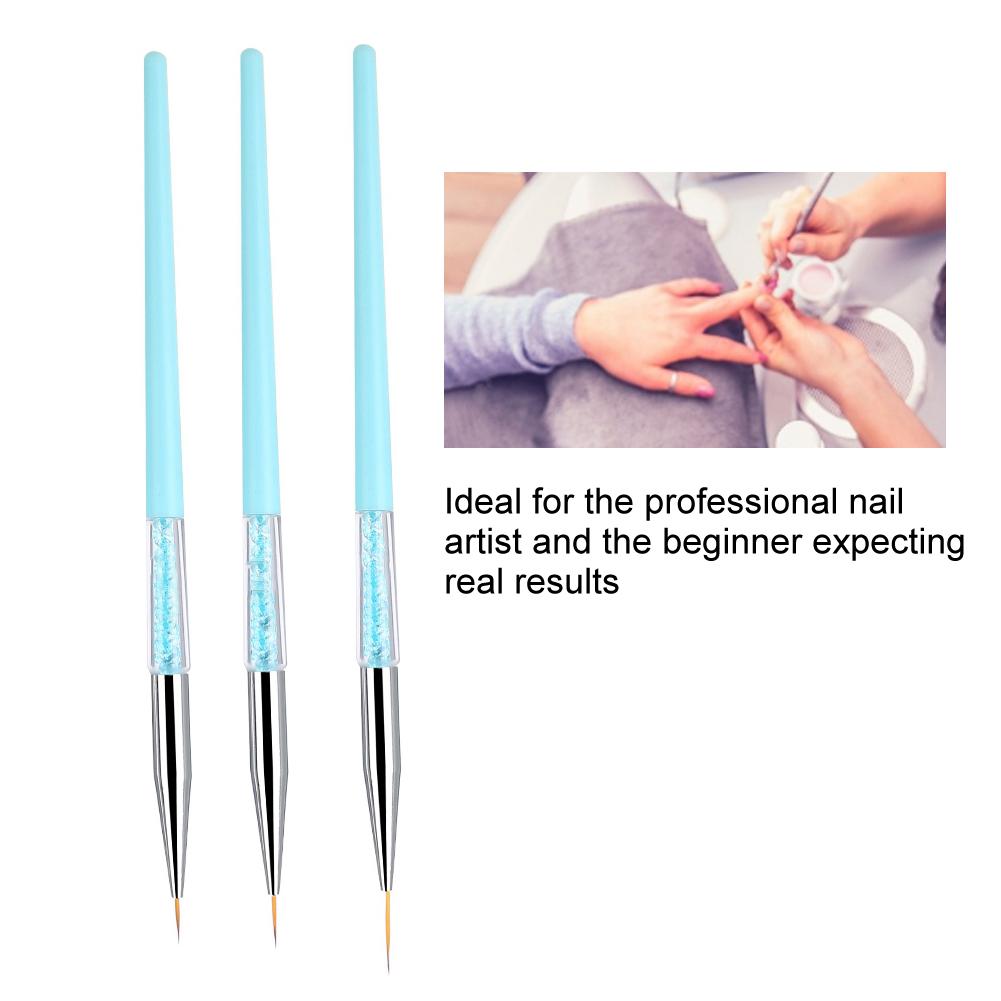 3pcs Nail Art Dotting Liner Brush UV Gel Painting Pen Drawing Tool Set Rhinestone Handle (Blue)