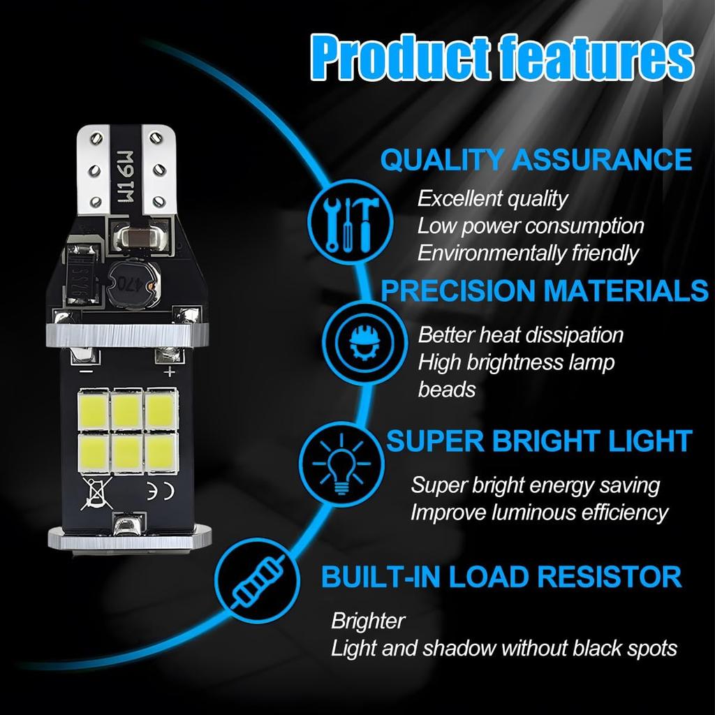 2PCS Car 921 912 LED Bulb Reverse Light, 6500K 15SMD Chipsets Canbus Error Free Vehicle Backup Light, 906 922 W16W T15 Automotive Exterior Lamp Bulb,