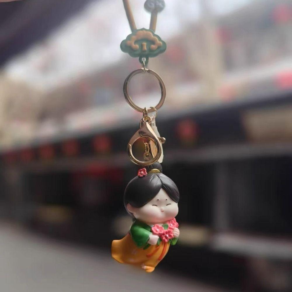 Flower Chinese Style Keychain Resin Car Key Ring Portable Tang Dynasty Doll Pendant  Key Decor