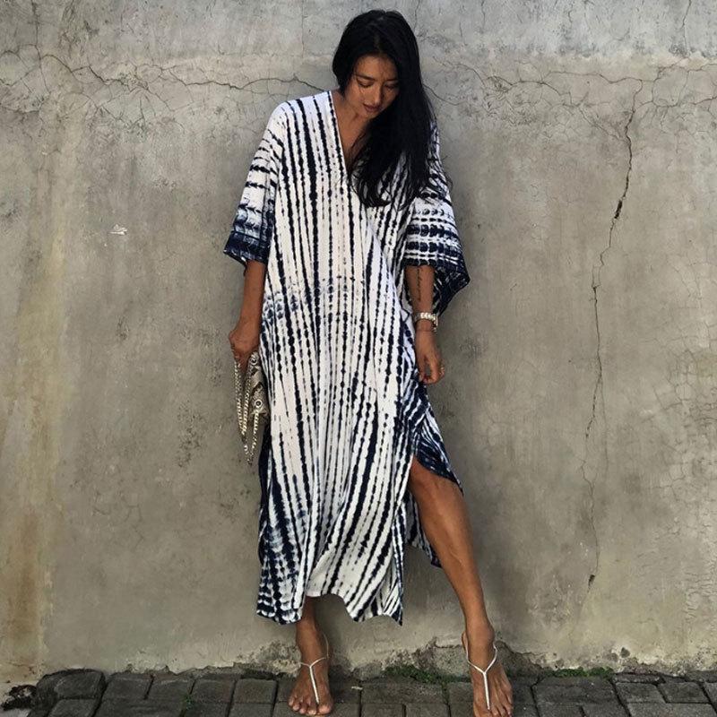European & American Tie-dye Rayon Beach Dress: Loose, Long Seaside Vacation Robe & Bikini Cover-up with Sunscreen Shirt for Women
