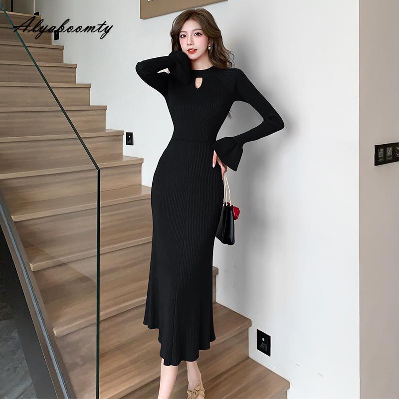 Korean Fashion Autumn Winter Women Sweater Dress Red Black Khaki Hollow Out Knitting Dress Knitted Flare Sleeve Warm Feminine Dress