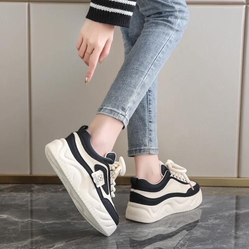 BKQU  Women's Platform Sneakers Fashion PU Leather Shoes Classic Lace Up Comfortable Skate Walking Casual Tennis for Lady