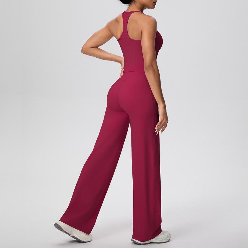 Solid Color Racerback Tank & High-Waist Wide-Leg Yoga Pants Set