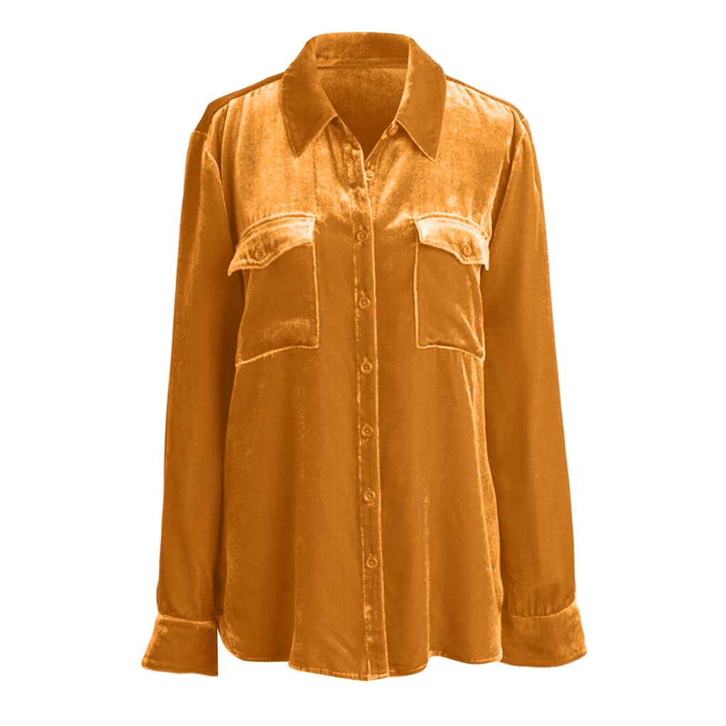Damska Modna Casualowa Koszula Aksamitna z Długim Rękawem w Jednolitym Kolorze w Stylu Retro