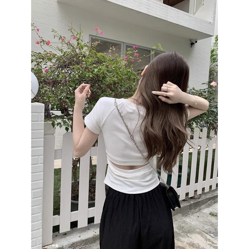 

Фиолетовая чистая и сексуальная футболка с короткими рукавами для женщин, облегающий топ с открытой спиной и узкими плечами, летний новый стиль XL белый