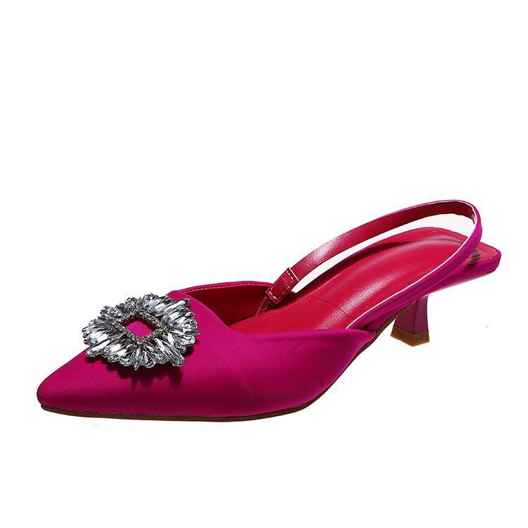 

Женская обувь лето новая стразы красный острый носок сумка голова тонкий каблук сандалии высокий каблук мюли одинарная обувь 42 розы красного