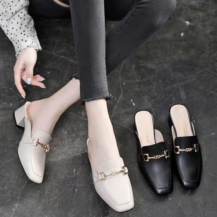 Baotou Half Slippers Women's Outer Wear 2025 Summer New Thick Heel Cool Slippers Muller Shoes Mid Heel Square Head Retro Single Shoes