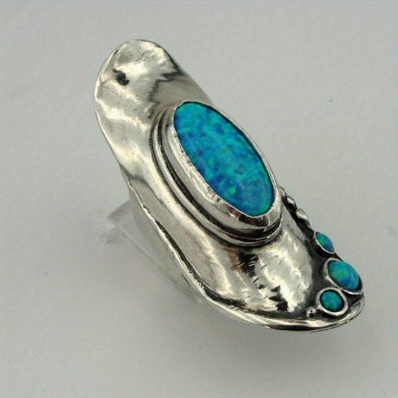 Vintage Copper Material Ring, Handmade Synthetic Long Opal Ring, Synthetic Blue Opal Ring As A Gift for Mom