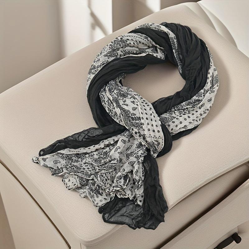 Retro Style Cotton and Linen Floral Scarf Long Color Blocked Ethnic Style Thin Shawl