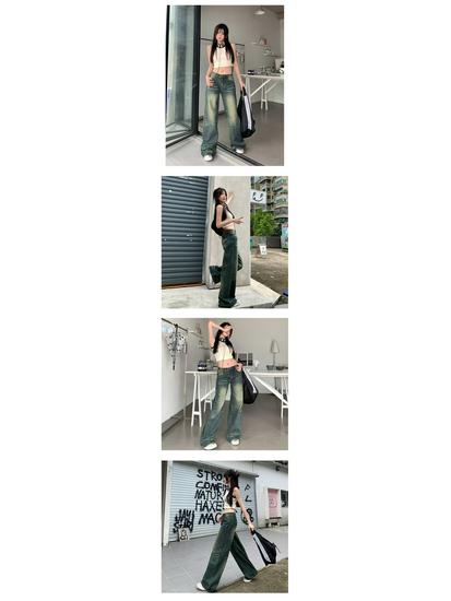American Retro Low-Waist Wide-Leg Distressed Denim Pants - Floor-Length