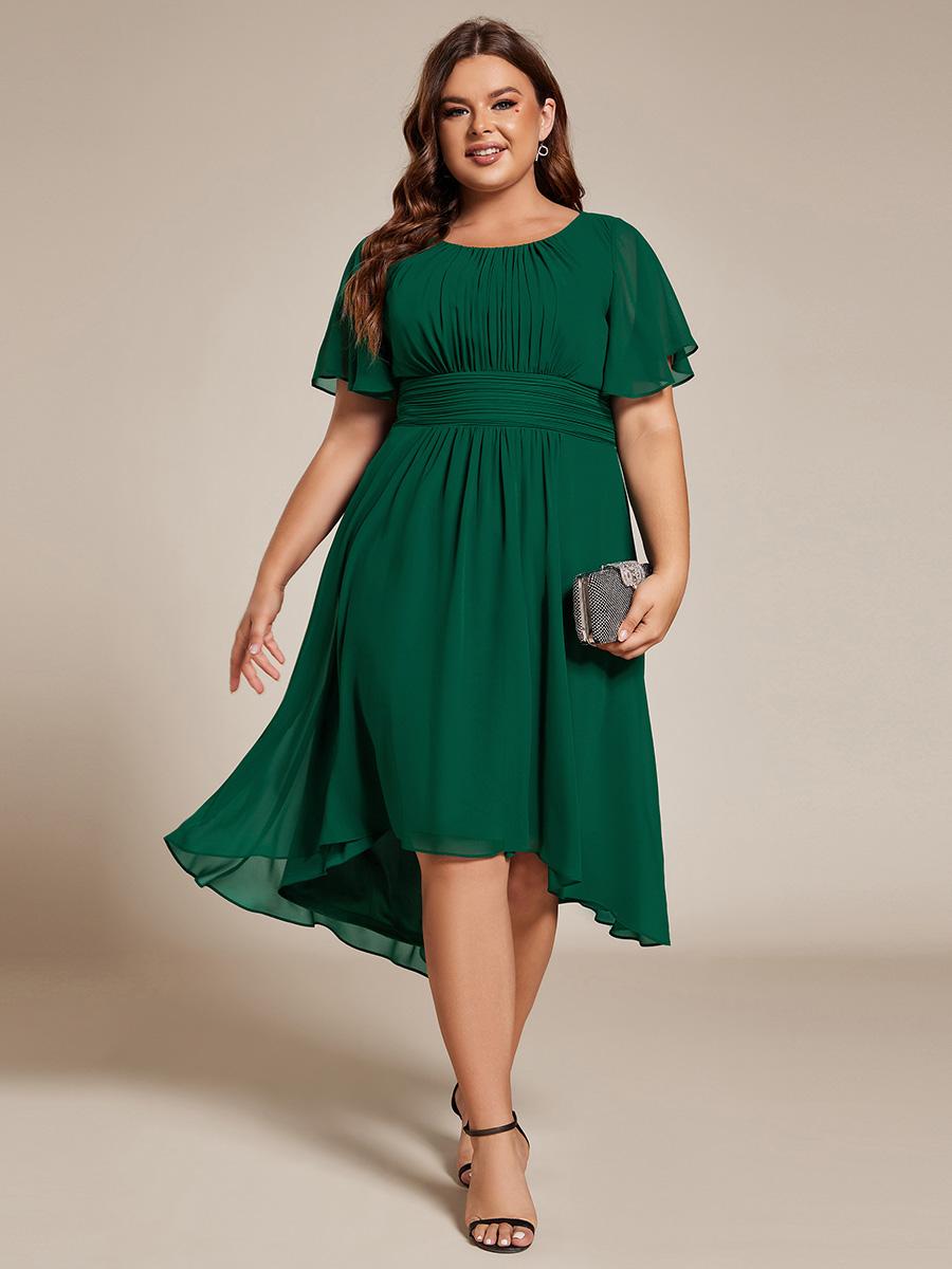 

Ever-Pretty Women s Plus Size Flowy Chiffon Round Neckline Lotus Leaf sleeves Pleated A-Line Knee Length Wedding Guest Dress 4XL