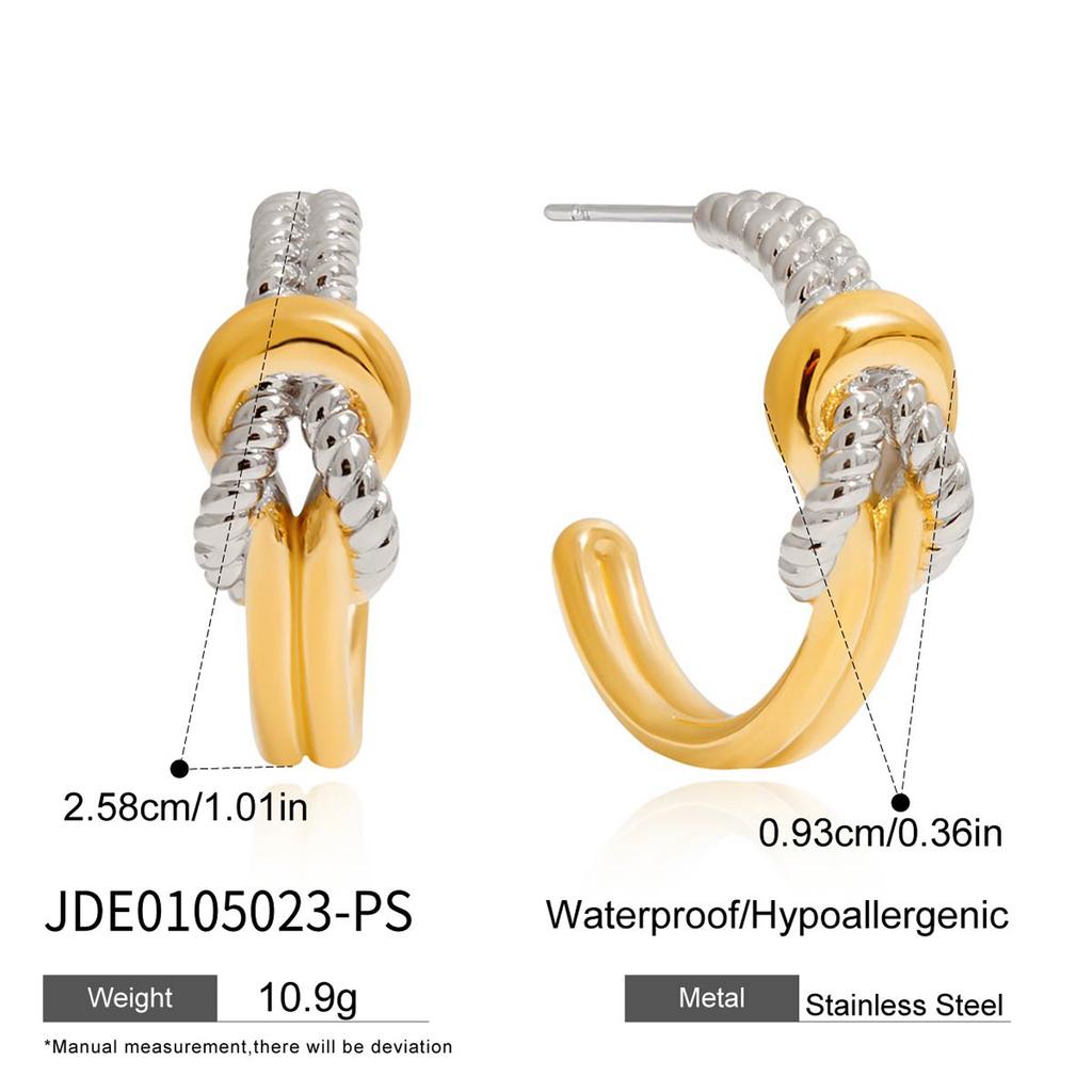 Uworld Personalized Designer Classic 18K Gold Color Plated Stainless Steel Two-Tone Knot Threaded Double Layer C-Ring Earrings S