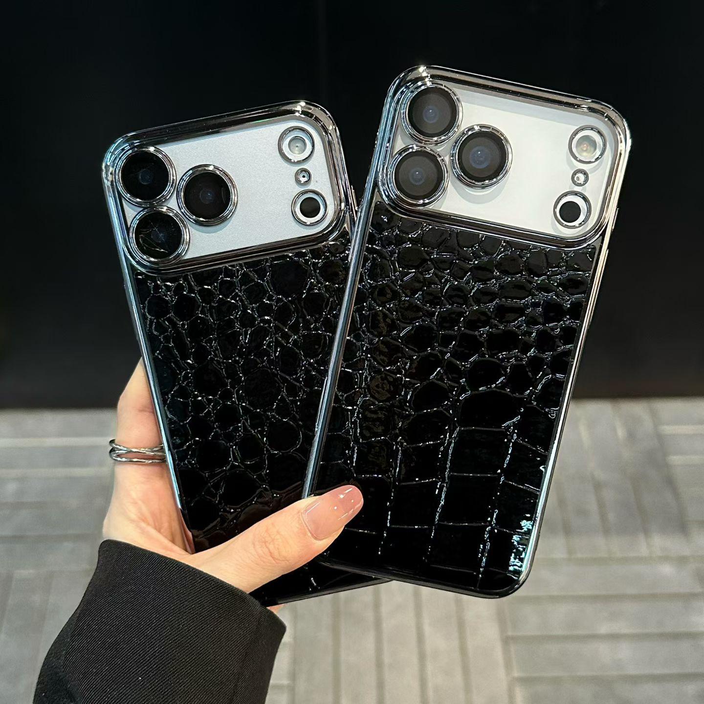 

Black Crocodile Pattern Electroplated Leather iPhone 17 Case - Drop-proof, Compatible with iPhone 14/15 Pro Max, Apple 16. 15