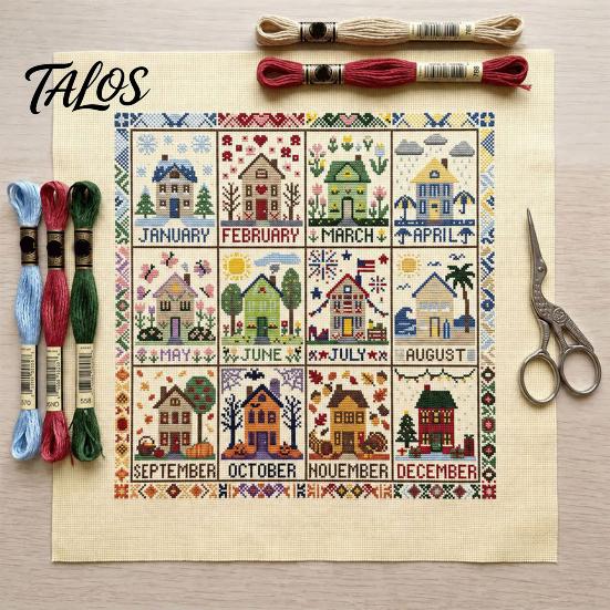 Twelve Month Decorative Wall Art 12-Month Cross Stitch Kit, DIY Four Seasons Embroidery Seasonal Monthly Kit Stamped Stitching Craft Set for