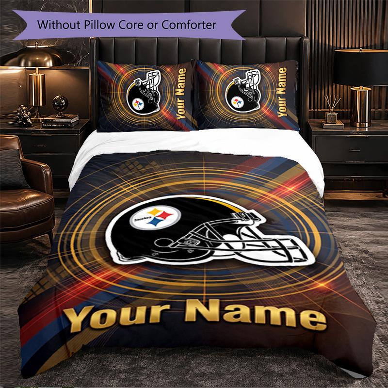 Pittsburgh Steelers Customized Name Text Bedding Set, 1 Duvet Cover & 2 Pillowcases Personalized Bedroom Gift