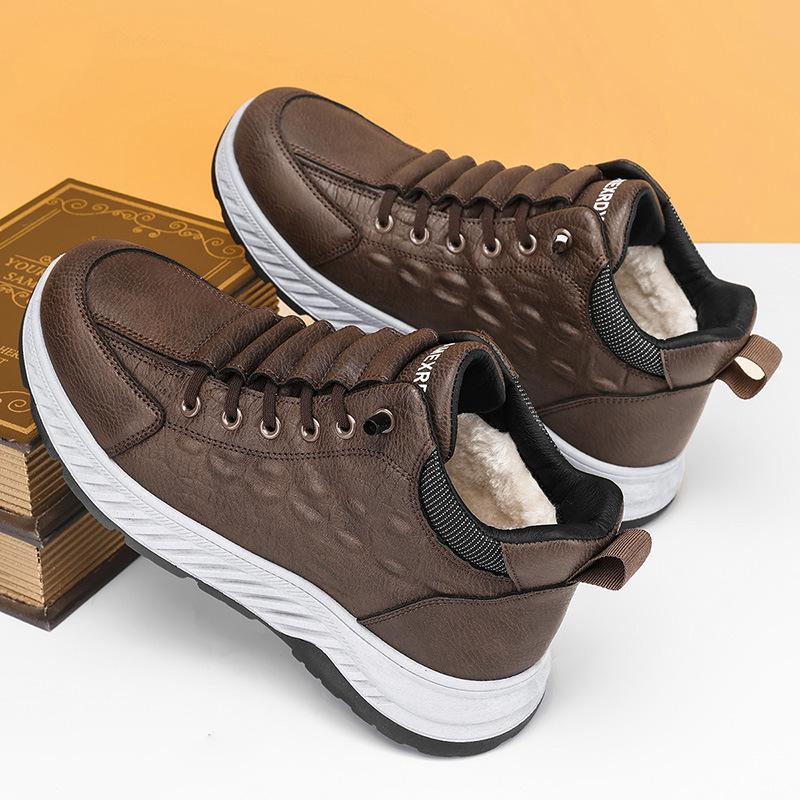 

Зимние ботинки для снега, новые, кожаная поверхность, флис, утолщенный верх, средний и высокий, северо-восточные большие хлопковые ботинки, мужские, флисовые, теплые, папины ботинки 46