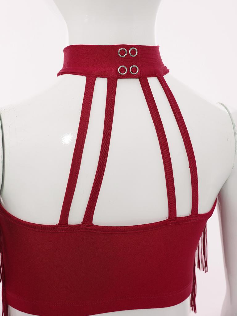 Vielseitiges Latein-Performance-Oberteil für Mädchen: Fransen Crop Top mit offenem Rücken & mehrlagigen Quasten für Salsa, Tanz & Halloween