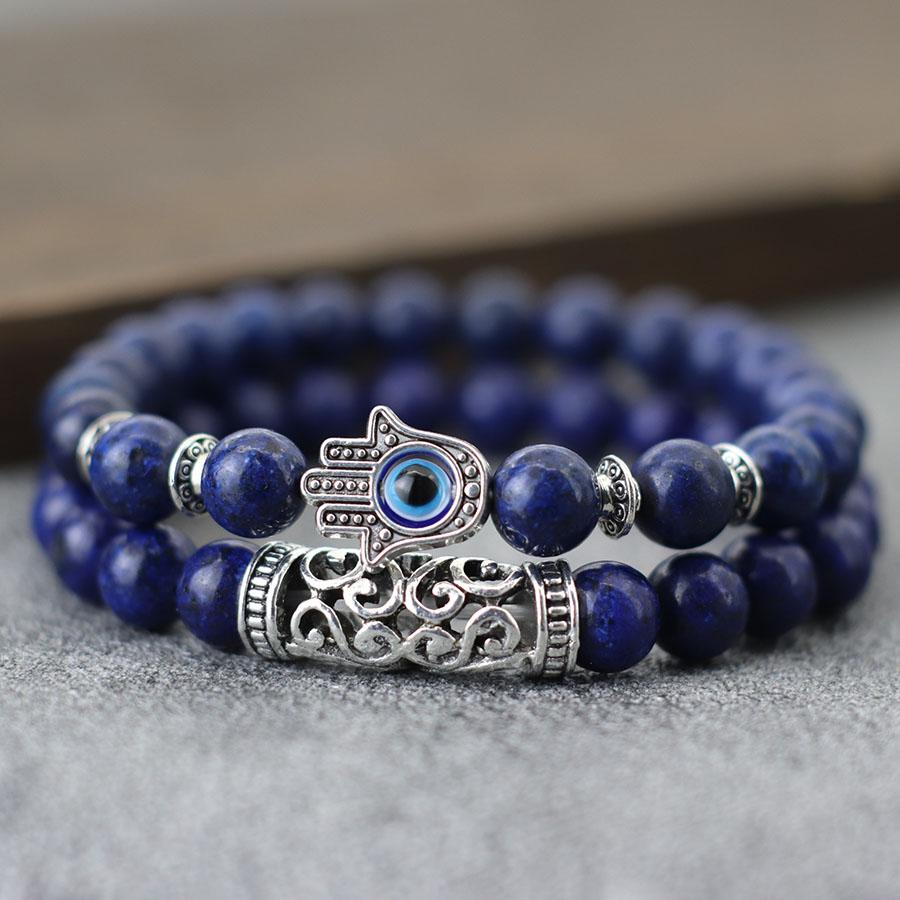 Retro Fatima Hand Bracelet Set Men 8mm Volcanic Rock Tiger Eyes Sodalite Stone Energy Healing Braslet Gourmette Homme Pulseria