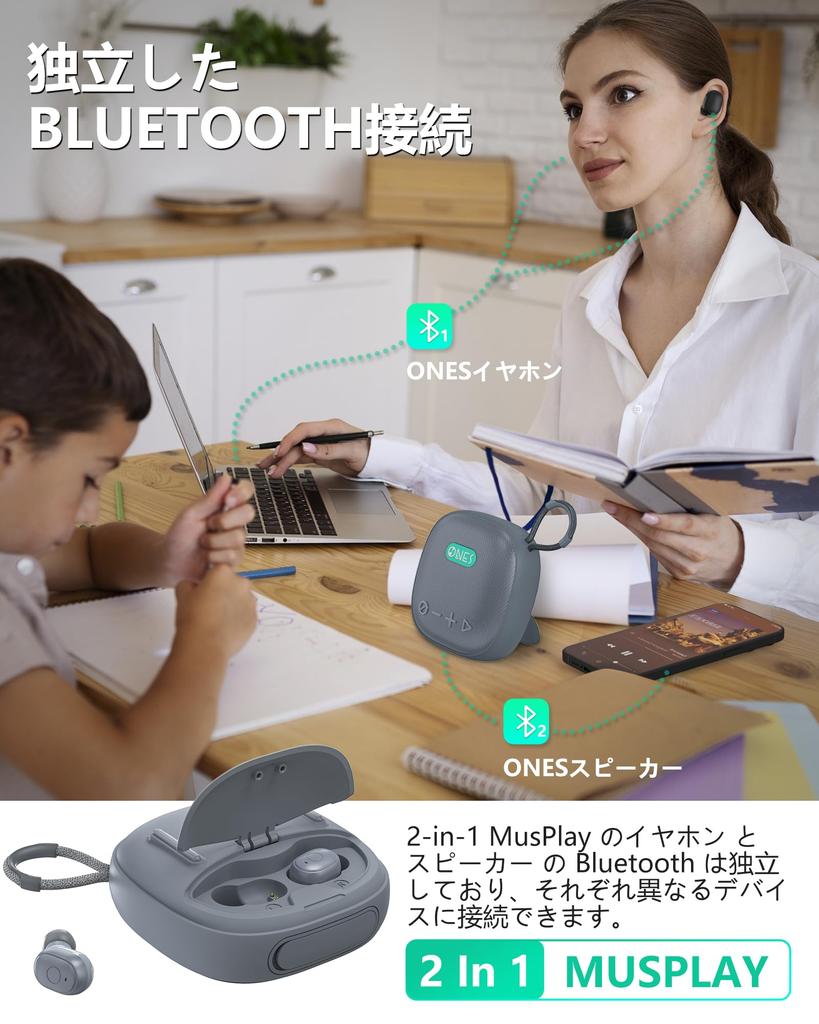 ONES MusPlay Portable Speaker with Wireless Smart 5W Loud Volume Earphone Memory Lightweight and Compact Earphones, 2-in-1 Bluetooth, Hi-Res Sound,