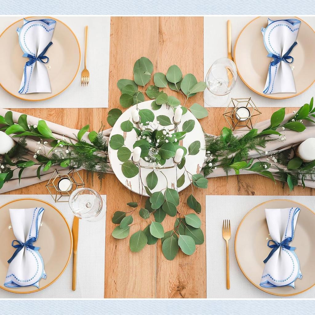 6Pcs Cotton Linen Cloth Napkins Machine Wrinkle Resistance Scalloped Embroidered Cloth Table Napkin for Wedding Holiday Giftable