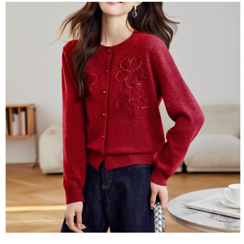 Damen Herbst Winter Neu Spitze Blume Pailletten Perlen Rundhals Strickjacke Oberbekleidung Pullover Mantel Top