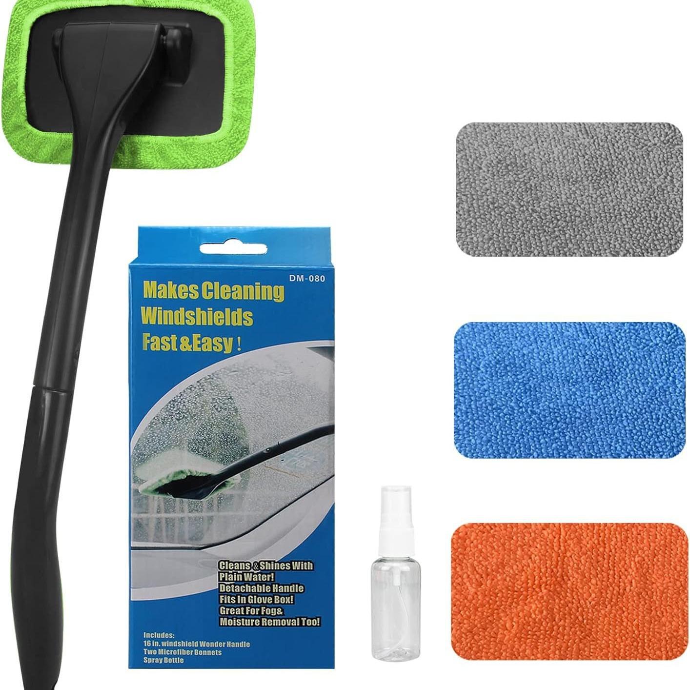 

4-Piece car windshield cleaning tool removable handle rotating head fiber cloth spray bottle
