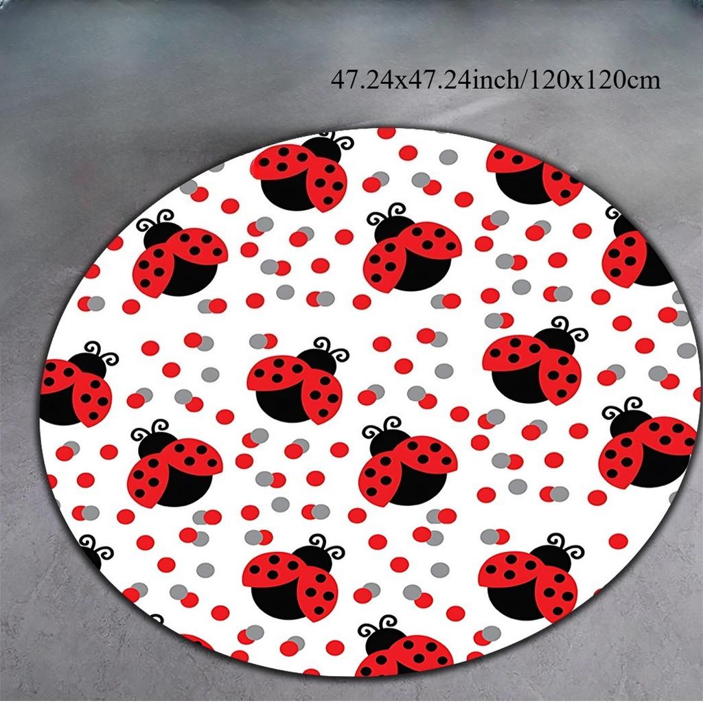 Ladybug Polka Dot Round Rug Flannel Kids Playroom Carpet Red Black White Dots Pattern Soft Non Slip Childrens Room Decor Easy