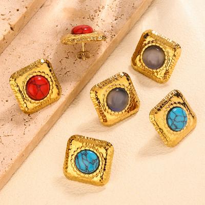 French Retro Turquoise Square Earrings 1111 Trendy Niche Design Sense Premium Earrings Titanium Steel Earrings