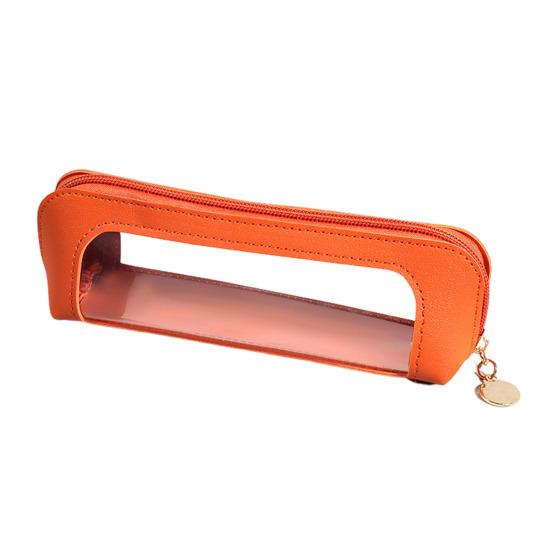 Estojo de couro sintético transparente, design grande, bolsa para caneta, zíper compacto, organizador de papelaria para trabalho, universidade