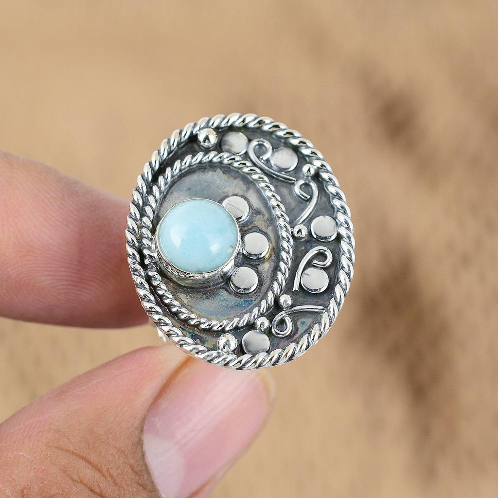 Gift For Women Promise Adjustable Ring 925 Silver Natural Larimar Gemstone