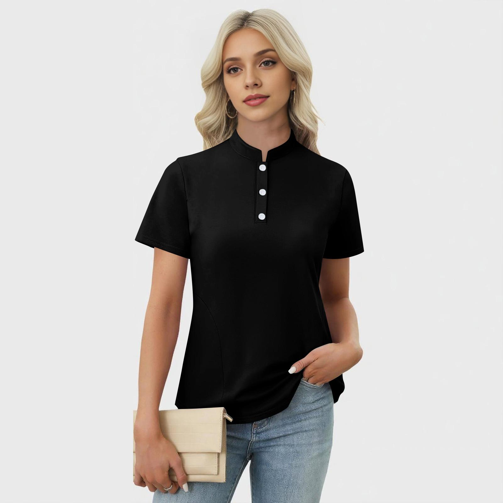 

Women s Casual Floral Print V-Neck Short Sleeve Decorative Button T-Shirt Top L чорний