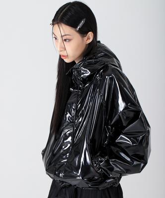Avandress Enamel Faux Leather Hooded Jumper Black