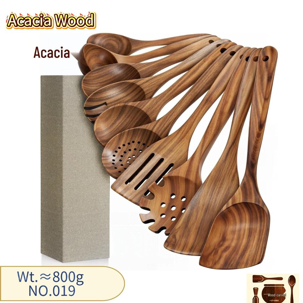 Conjunto de Espátula e Colher de Madeira de Acácia - Colher de Teca Antiaderente e Escorredor de Macarrão