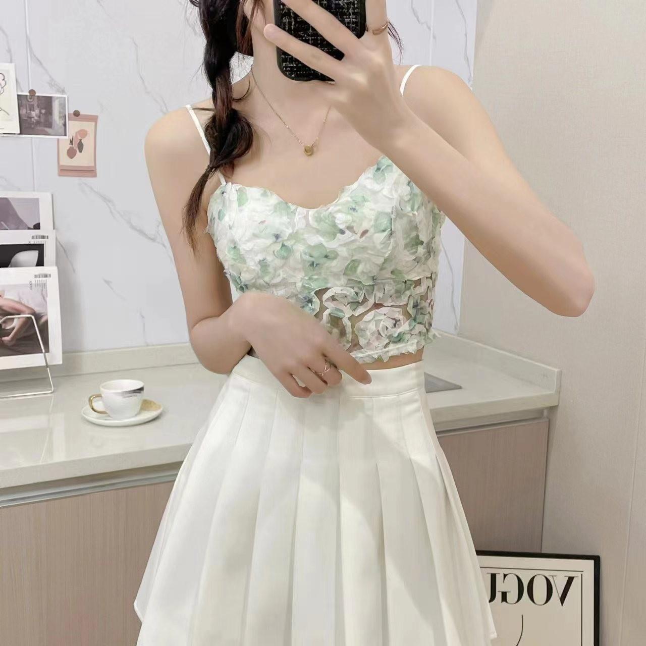 Women Sleeveless Spaghetti Strap Crop Top Floral Embroidered Sheer Mesh Short Camisole for Summer Daily Wear