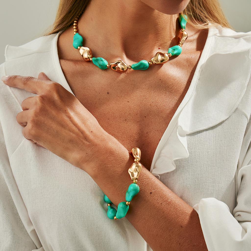 Salircon 7 Colors Boho Resin Acrylic Bead Choker Necklace Bracelet Set Women Vintage Elegant Banquet Party Bangles Jewelry Gifts