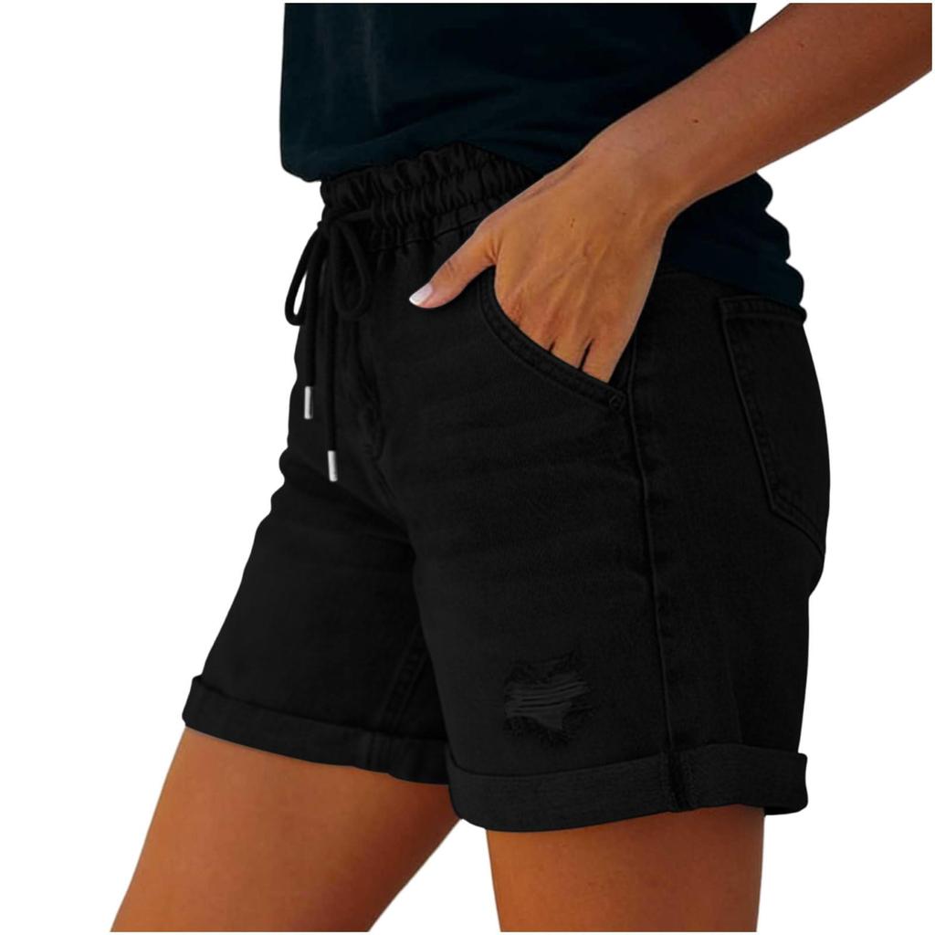 Women Summer Casual Denim Shorts Drawstring Waist Distressed Hem Loose Fit Elastic Waistband Pockets Lightweight Short Pants