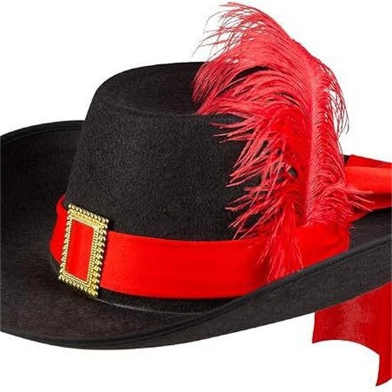Feathered Musketeer Character Hat with Cloth Construction, Hatband and High Profile for Halloween Costume Parties
