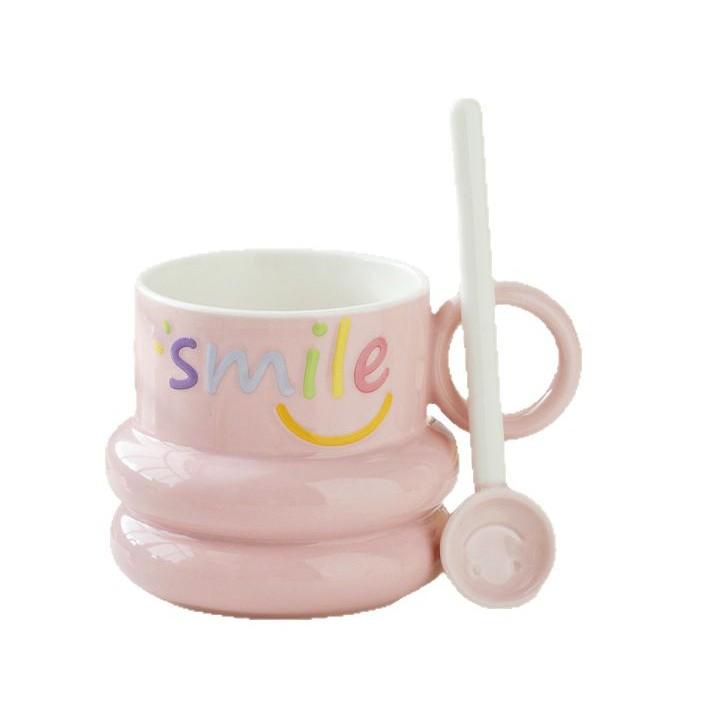 Smiling Mug with Smiling Face Spoon High looking Girl Water Cup Ceramic Milk Cup Student Breakfast Cup Coffee Cup