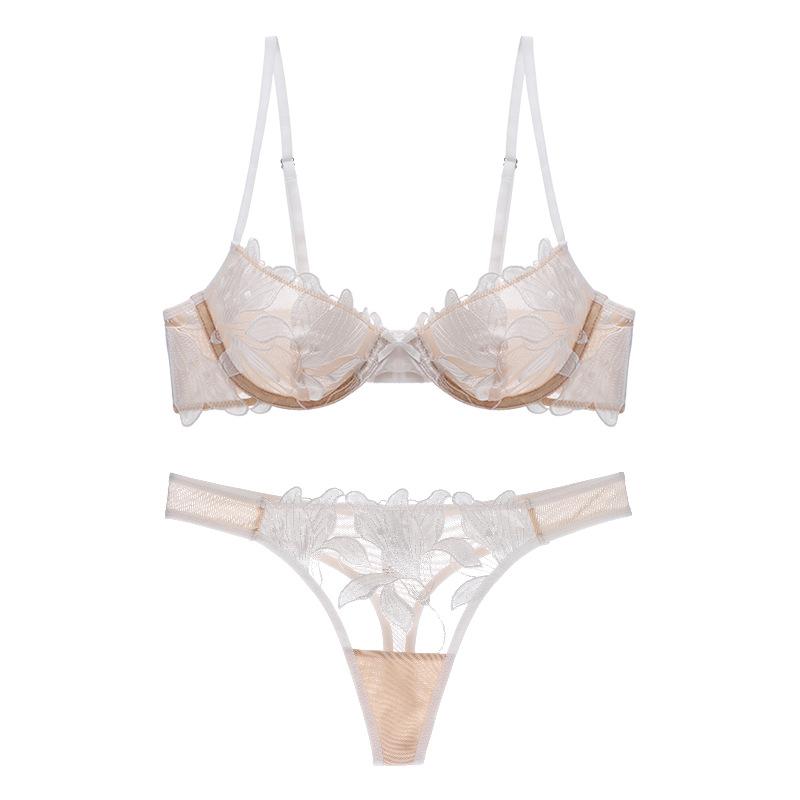

Underwear women s lace breathable mesh splicing ultra-thin with underwire bra set underpants big breasts small and thin style XL