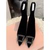 Black Boots Women's Autumn and Winter Rhinestone Pointed High Heels Square Buckle Elastic Boots Short Boots Low Heel Thin Boots