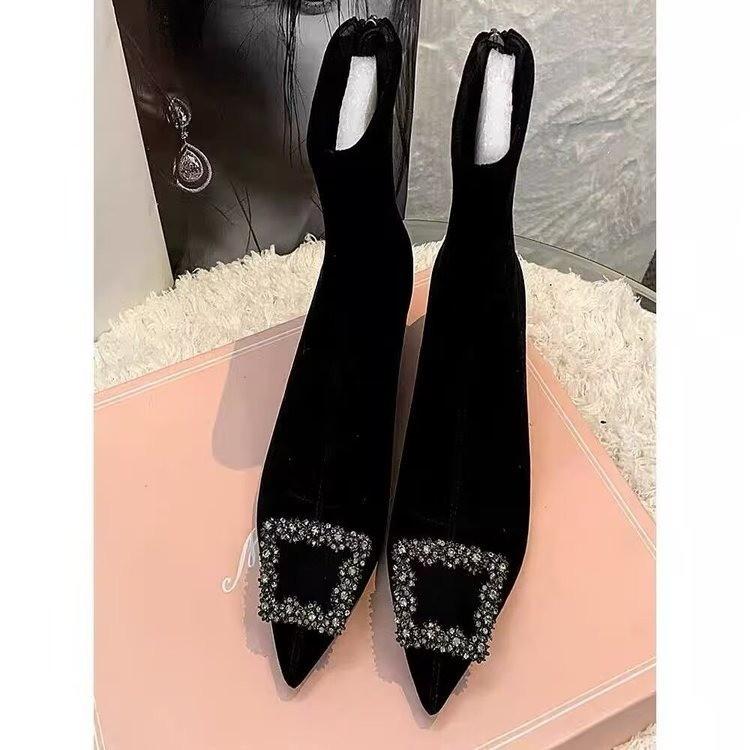 Black Boots Women's Autumn and Winter Rhinestone Pointed High Heels Square Buckle Elastic Boots Short Boots Low Heel Thin Boots