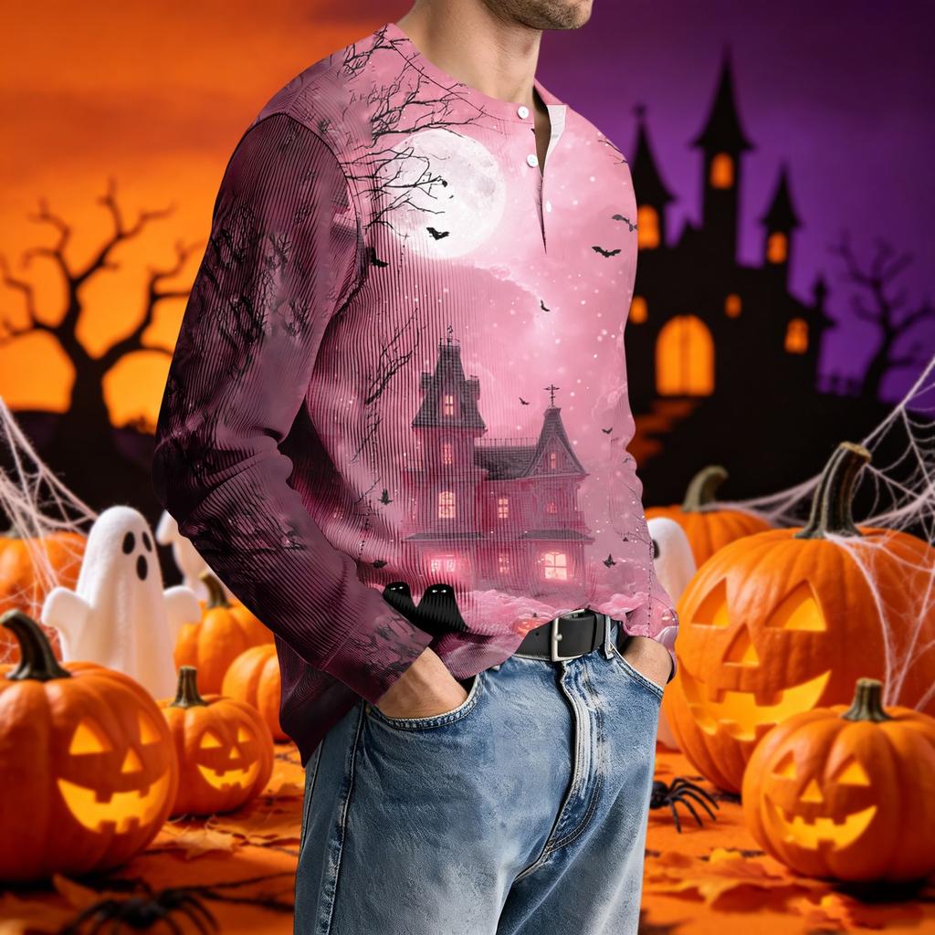 Men's Long Sleeve Printed Neck T-Shirt with Ribbed Texture Casual Tee