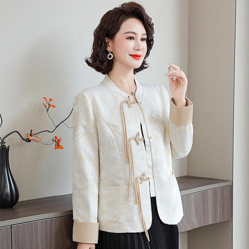 

Мамина весенняя куртка с длинным рукавом в китайском стиле, со стойкой, приталенная, для женщин среднего и пожилого возраста. 5XL, 145-155 kg грязно-белый